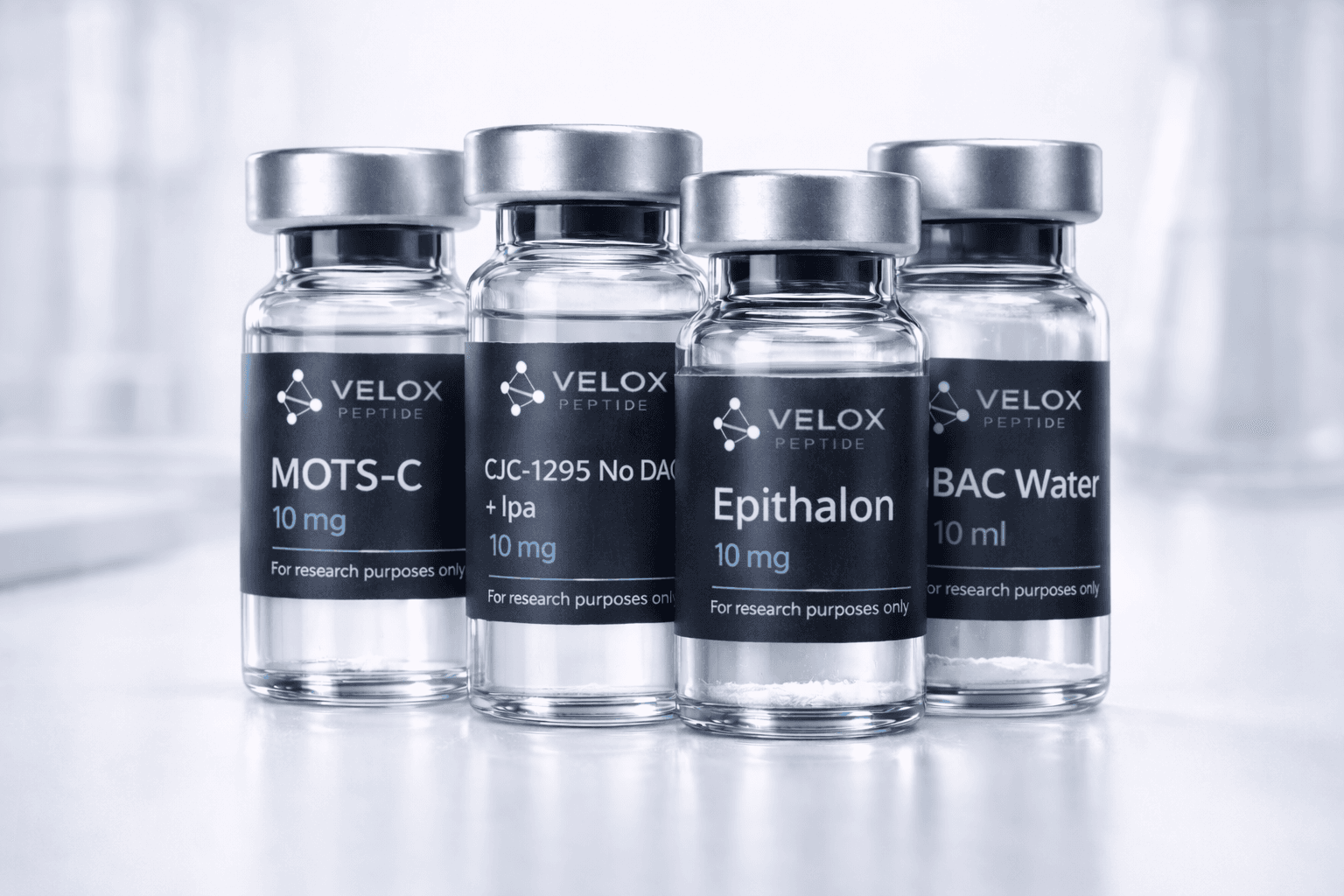 Bio Hacker Performance Stack (CJC-1295 + MOTS-C + Epitalon) – 99.0% purity research peptide vial by VeloxPeptide